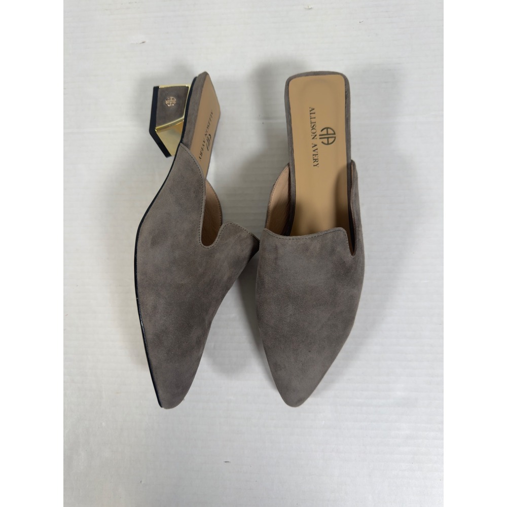 Allison Avery Mule 10.5 Olive Suede Gold Block Heel Pointed Toe Minimalist